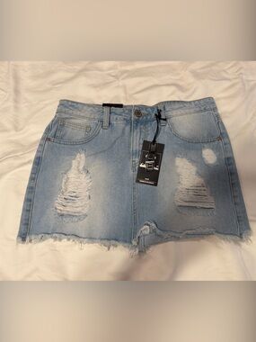 8th of LA Just Enough Light Blue Distressed Denim Mini Skirt- Women